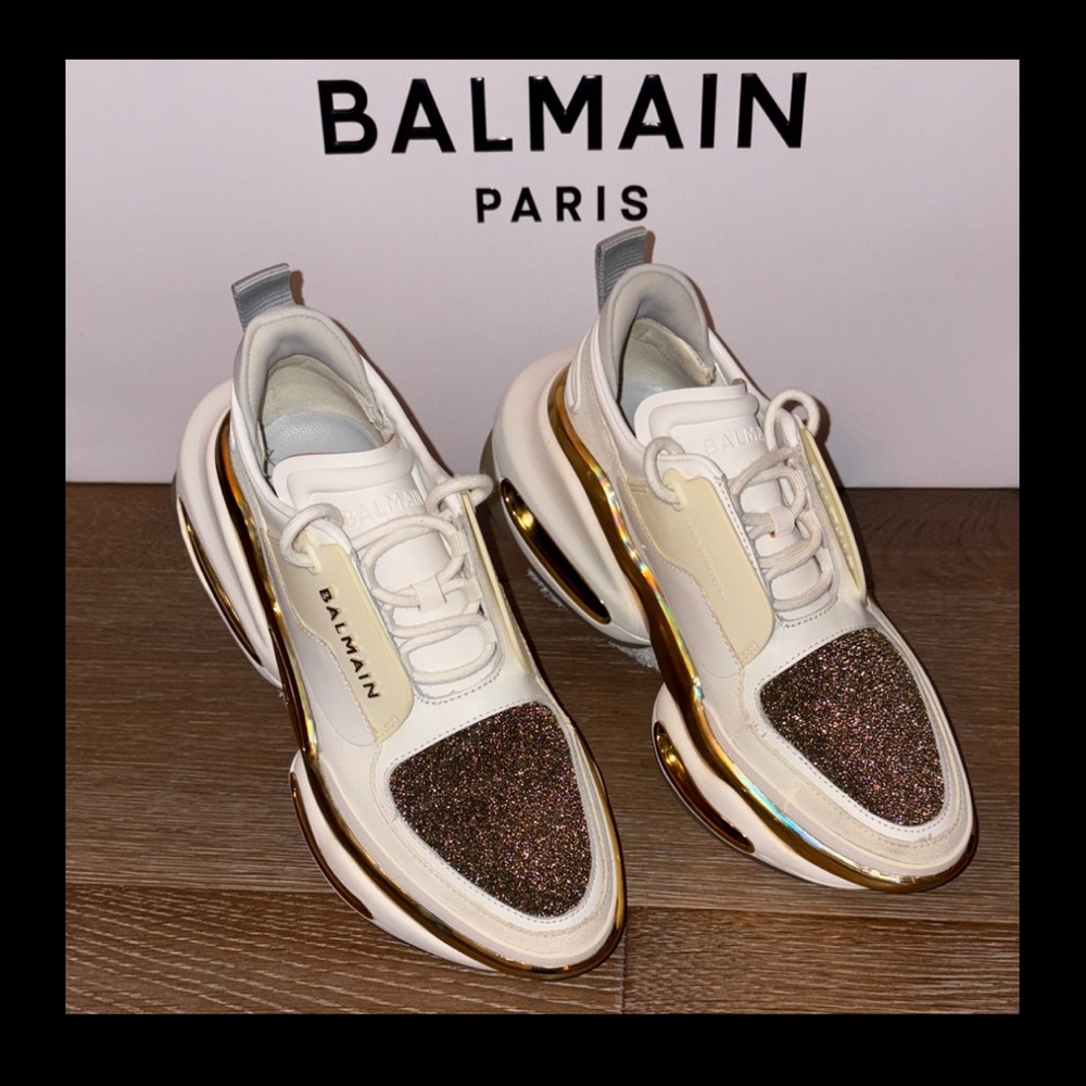 Balmain Cream and Gold Glitter Sneakers